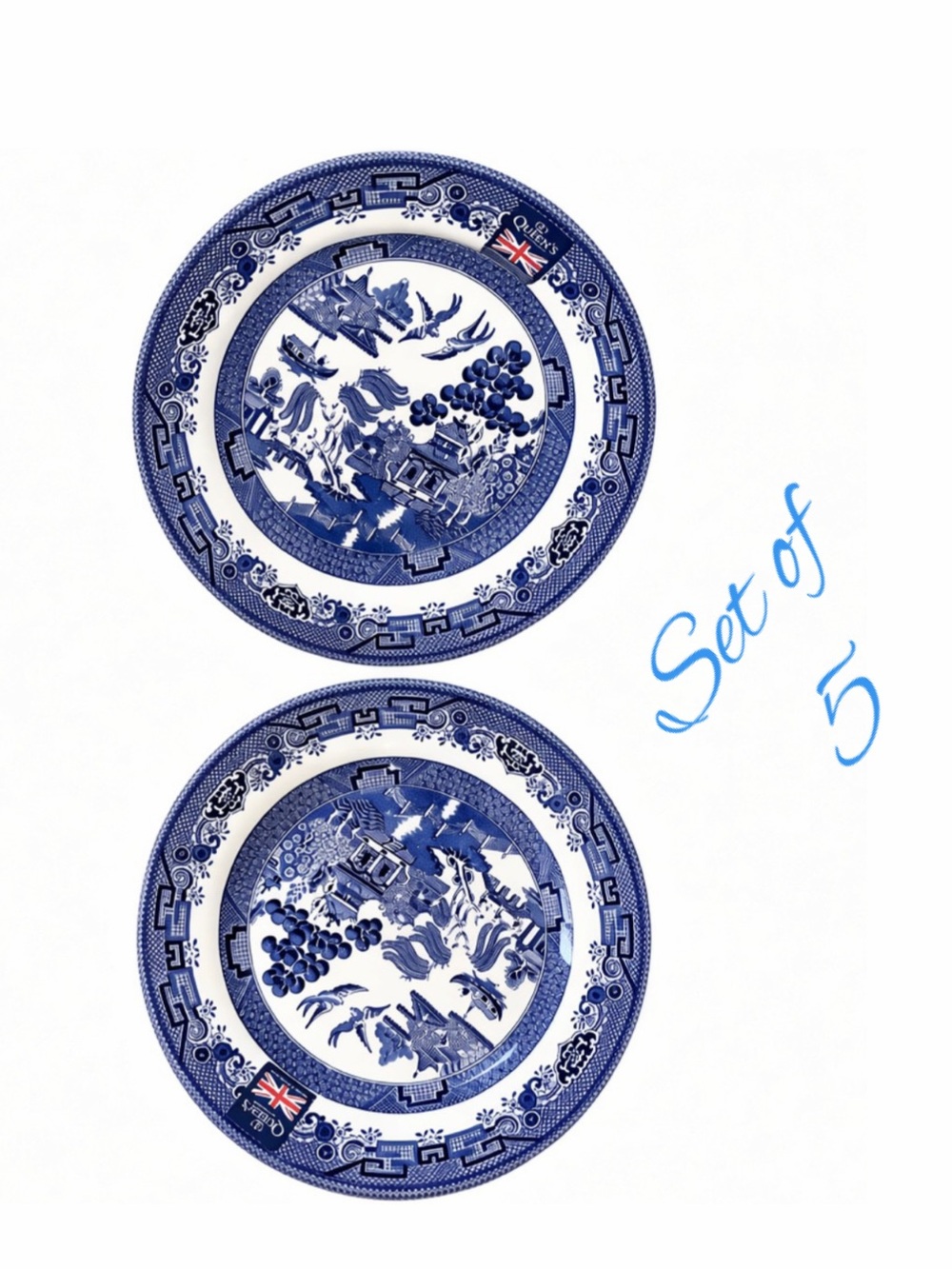 NWT Queen's Churchill 5 ASIAN BLUE WILLOW SALAD DESSERT PLATES England NEW 8"